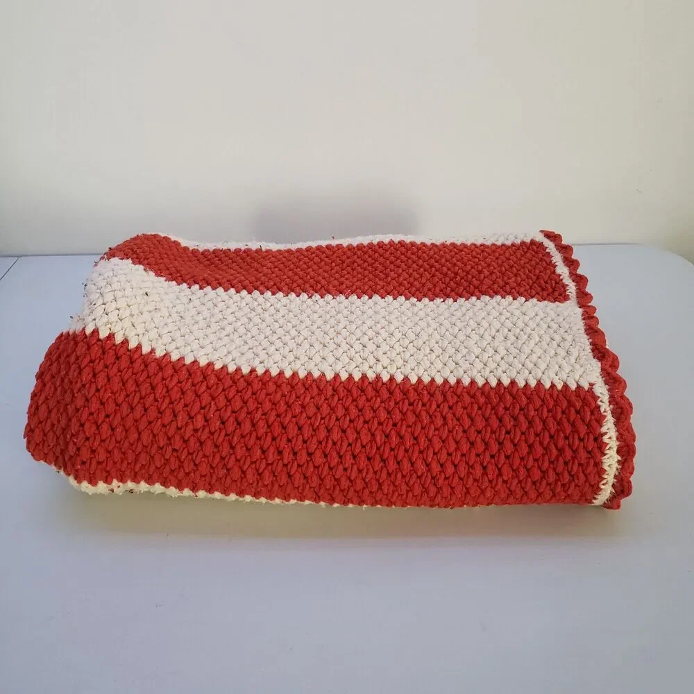 Vintage Afghan Throw Blanket Orange White Striped Fall Halloween MCM
